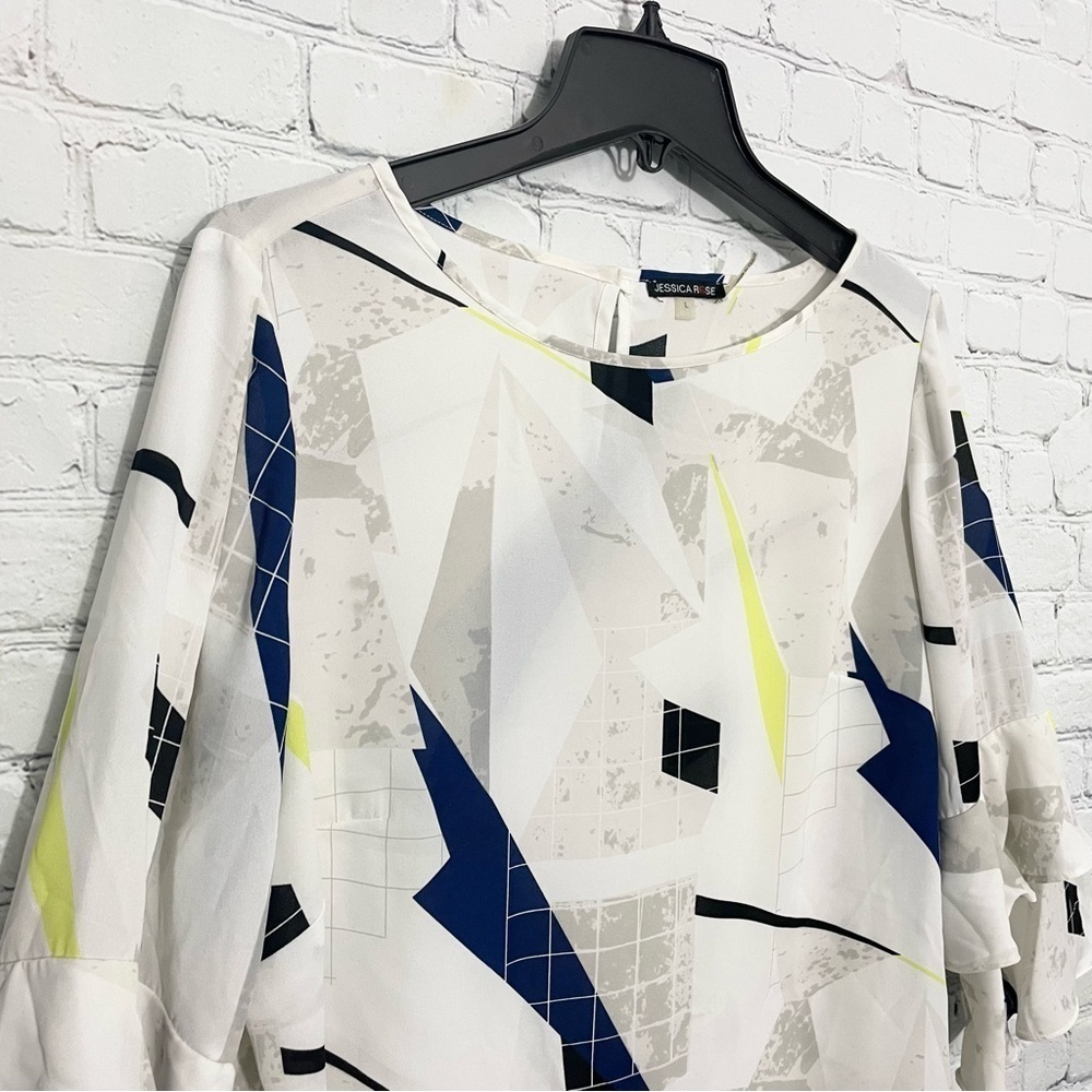 White Blue Yellow Geometric Ruffle Sleeve Blouse Large |Bell Sleeve Work Top - Picture 5 of 9